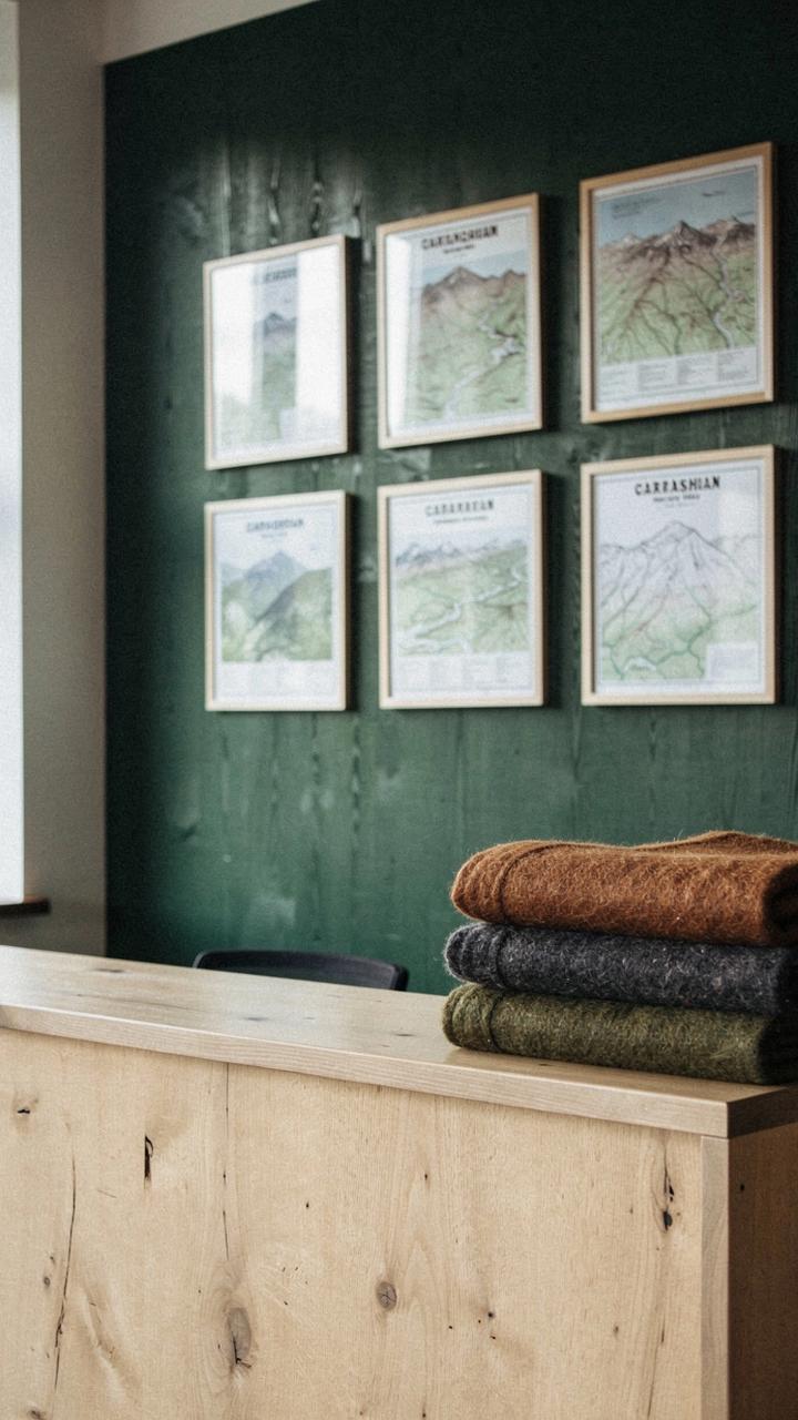 Reception counter of the retreat office in Lviv with wool blankets and framed Carpathian maps