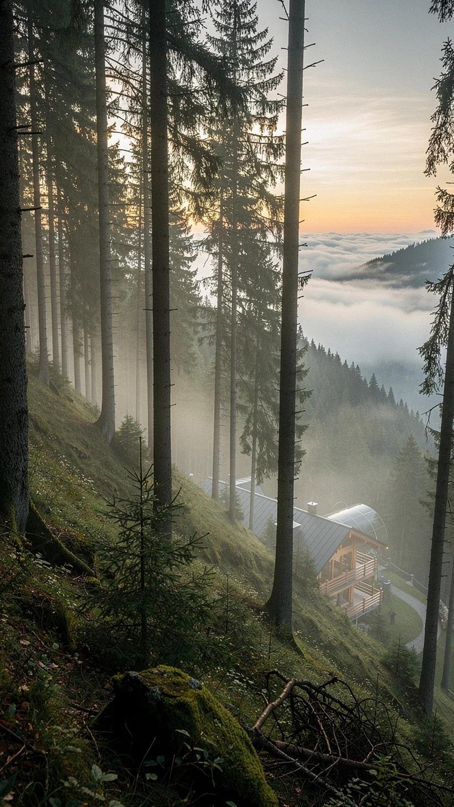 Morning mist between spruce trunks above a Carpathian lodge at 1,350 m