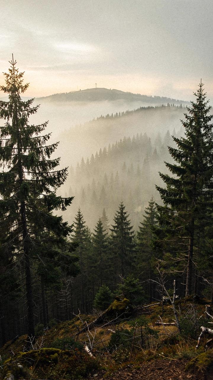 Misty Carpathian spruce ridge at dawn photographed as a tall portrait crop