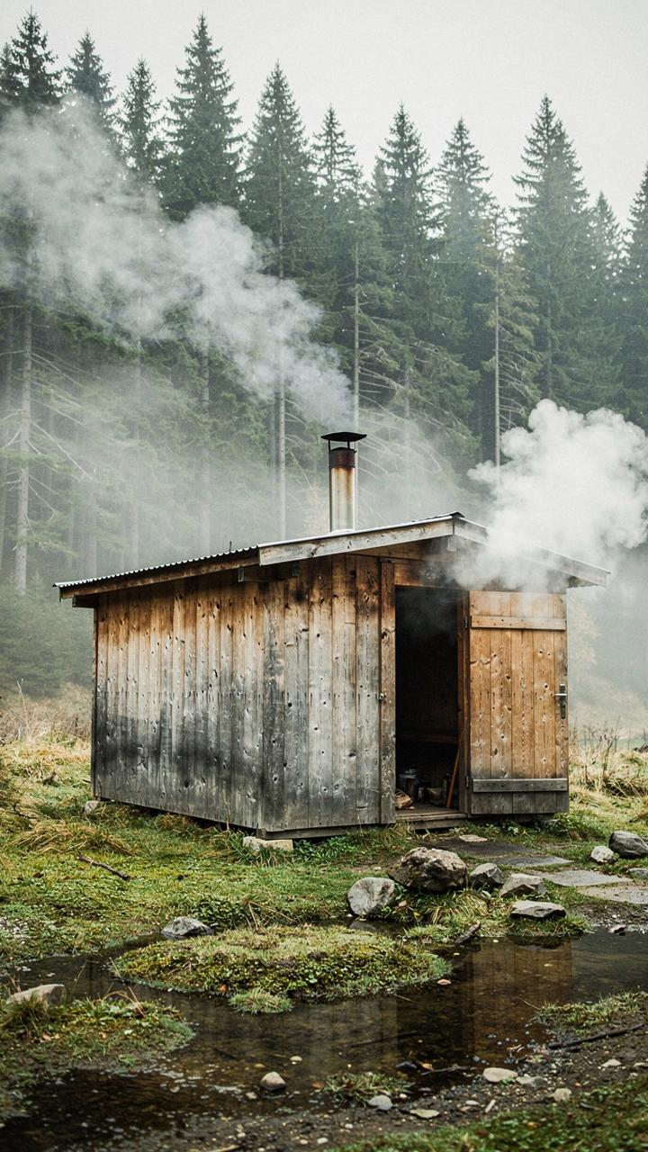 Wooden sauna cabin with steam rising among tall Carpathian spruce trees